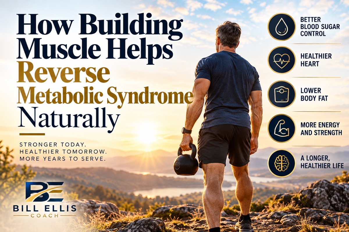 A man holding a kettlebell on a mountain trail at sunrise, beside icons for better blood sugar control, a healthier heart, lower body fat, more energy and strength, and a longer, healthier life