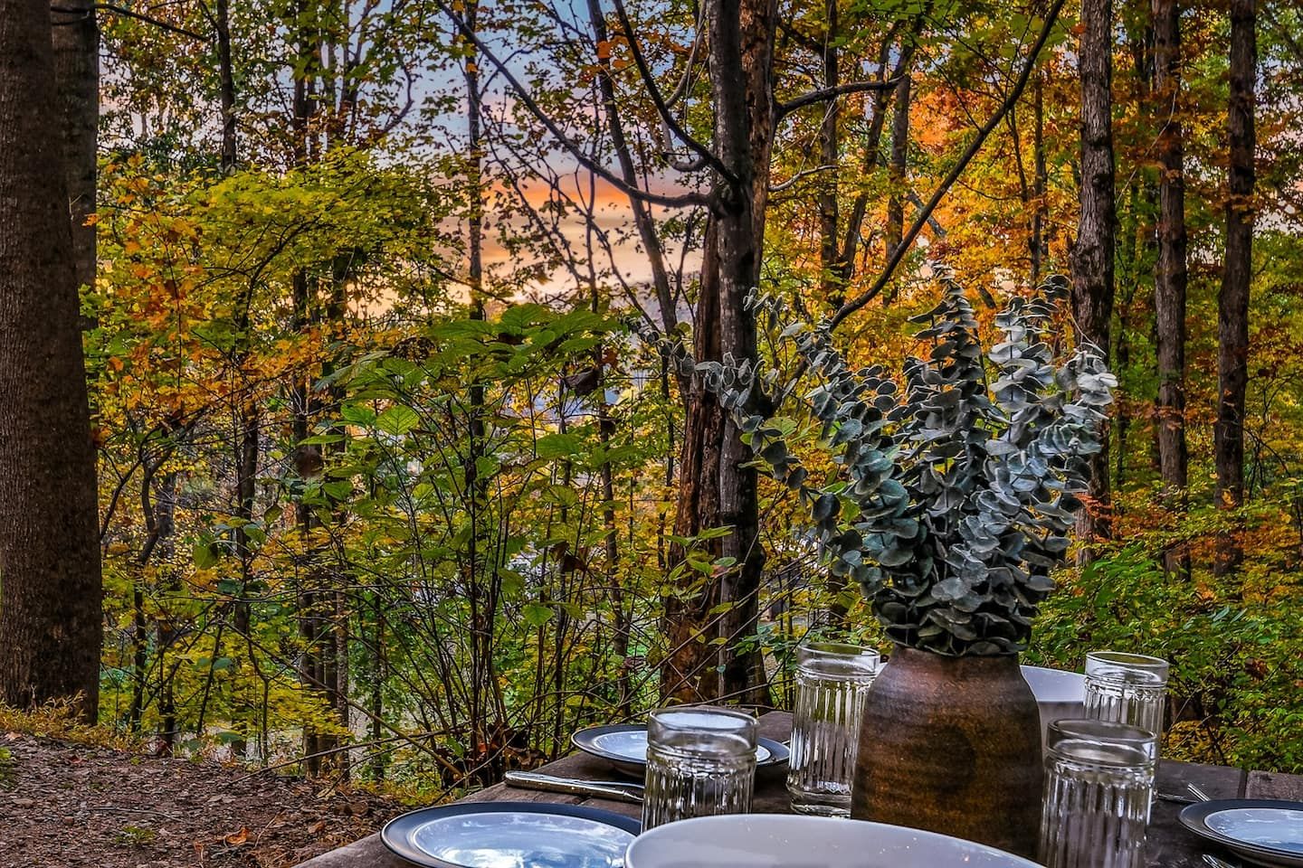 From the table, the woods stretch out in peaceful stillness, with a hint of mountain view beyond the trees. It’s the perfect place to pause, breathe in the fresh air, and take in the quiet beauty that surrounds Bluebird’s Perch.