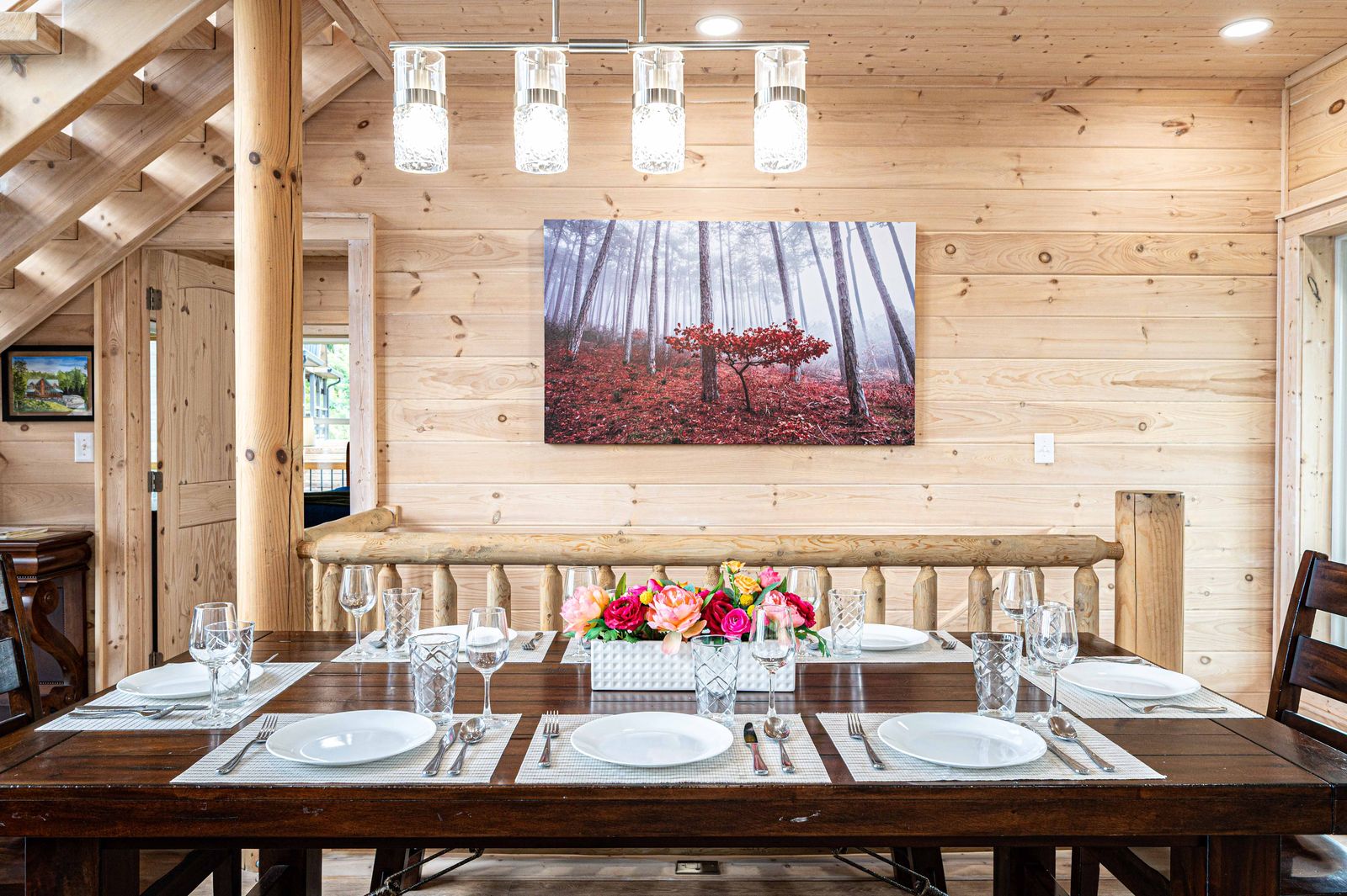 Dining table set for dinner