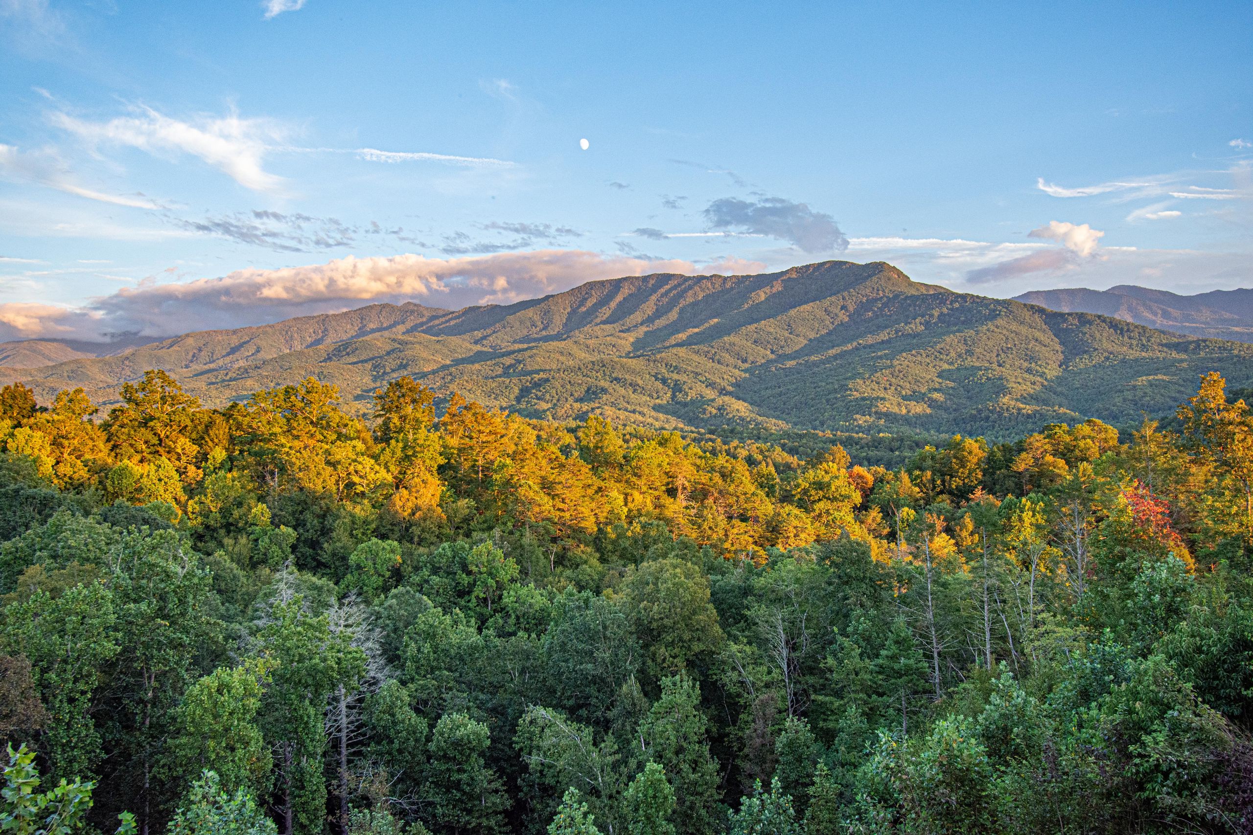 Sunrise lighting the Smoky Mountain ridgeline seen from Birdsong Ridge