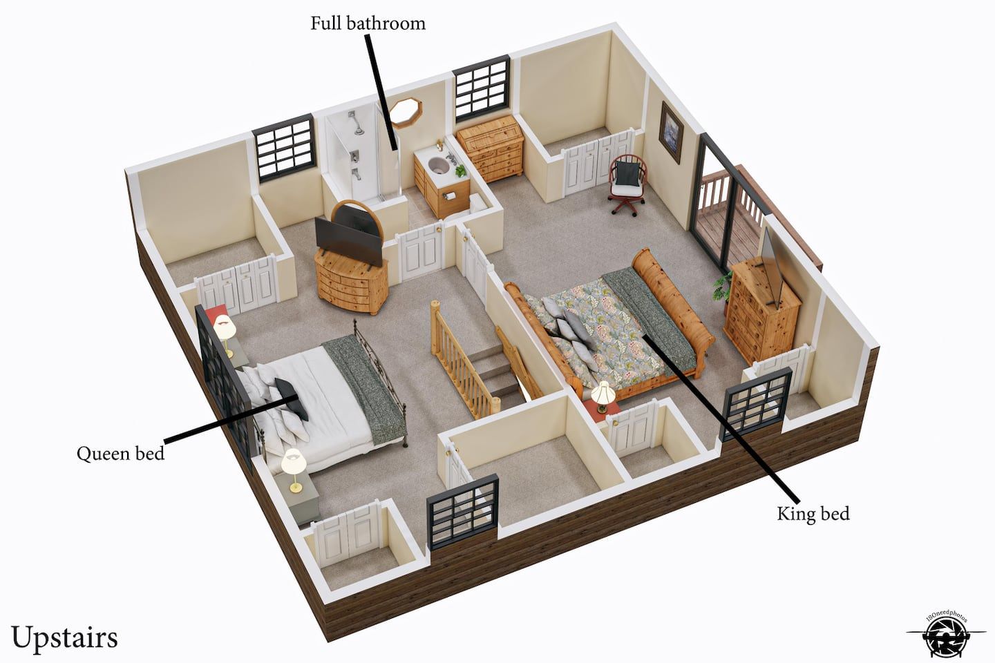 Floor plan: upstairs, with a king bed, a queen bed in the loft, and a full bathroom.
