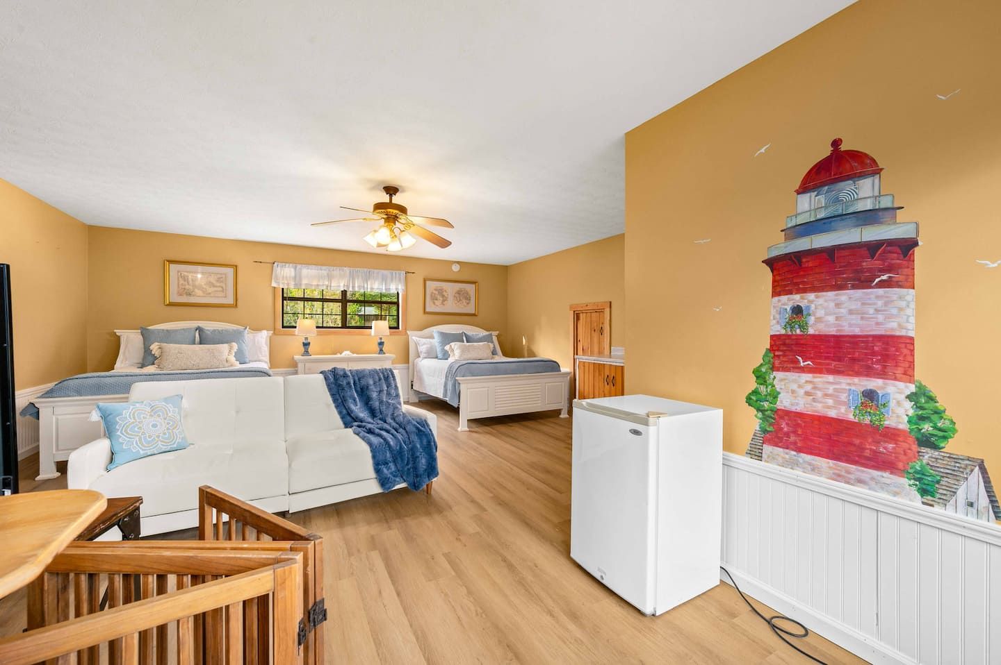 The garage apartment has a private living area with a mini fridge and room to spread out.