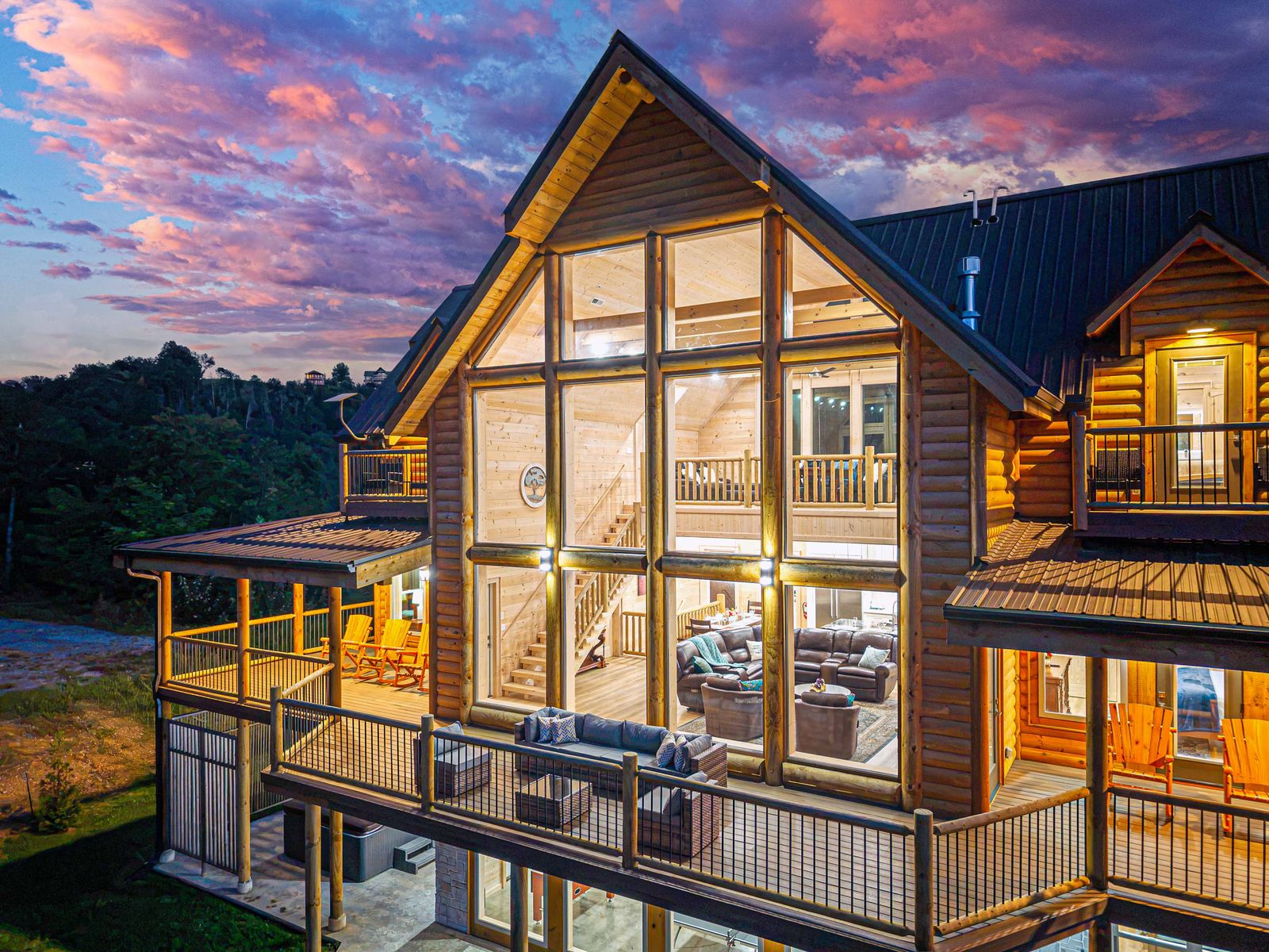 Soaring windows and the upper decks at dusk