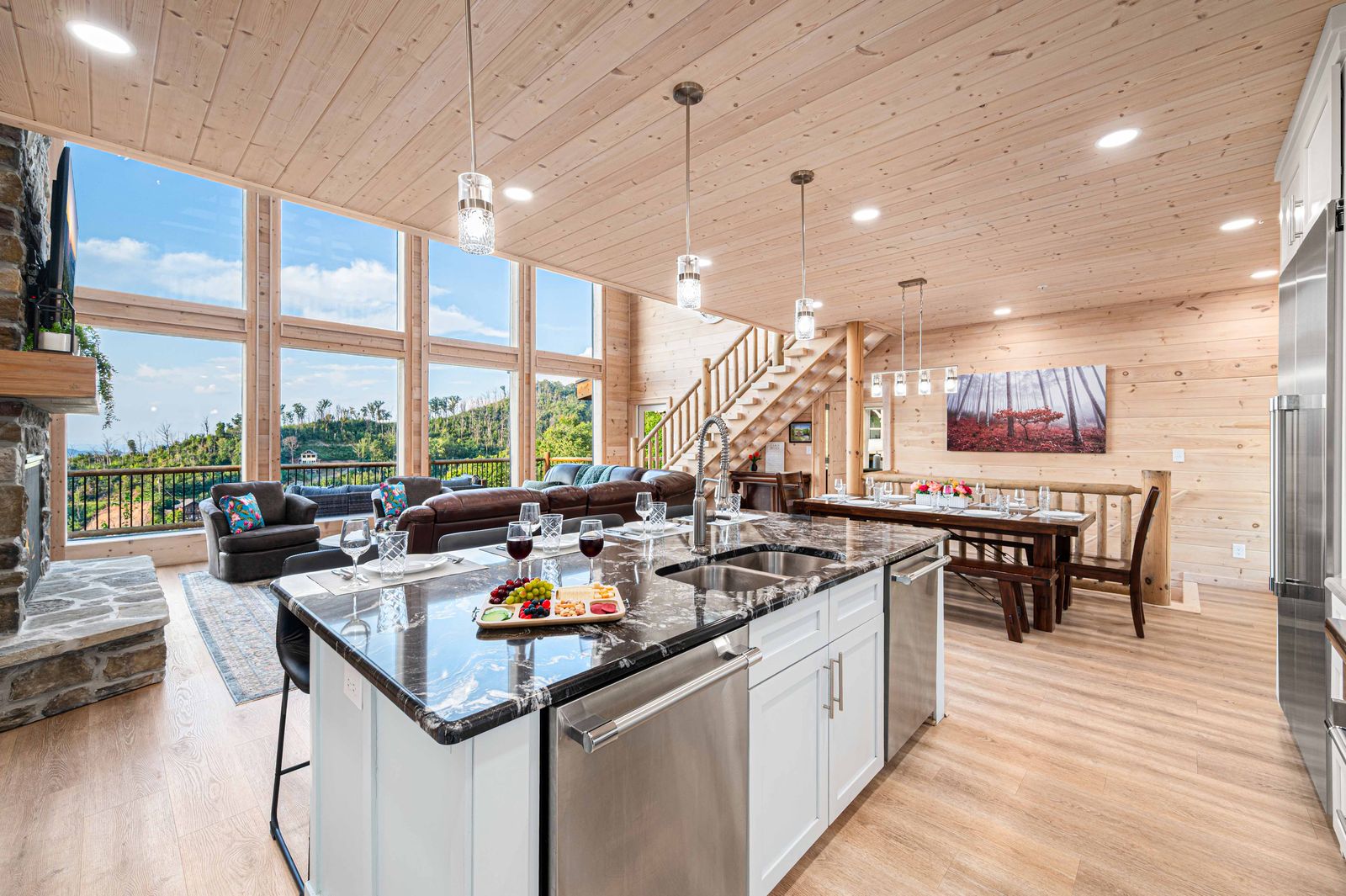 Kitchen island with granite counters and bar seating