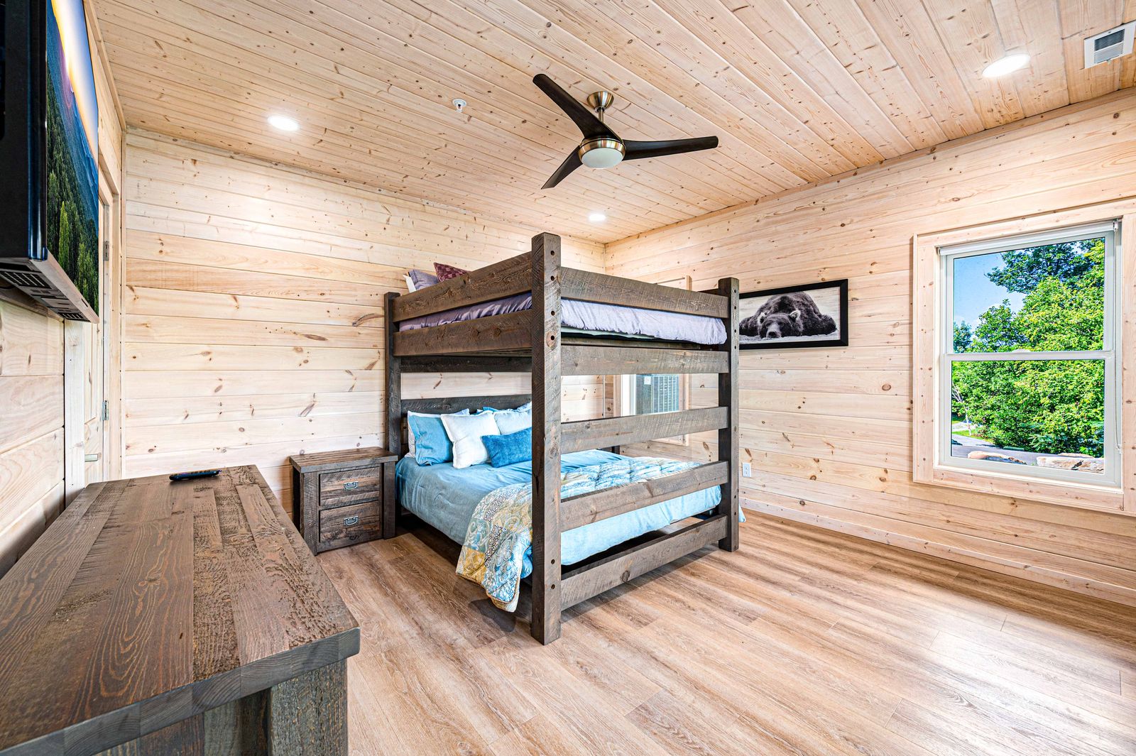 Lower-level bunk room with queen-over-queen bunks