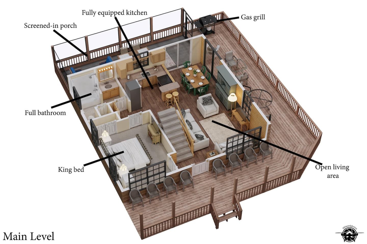 Floor plan: the main level, with the fully equipped kitchen, king bedroom, full bathroom, open living area, and the gas grill out on the lakefront deck.