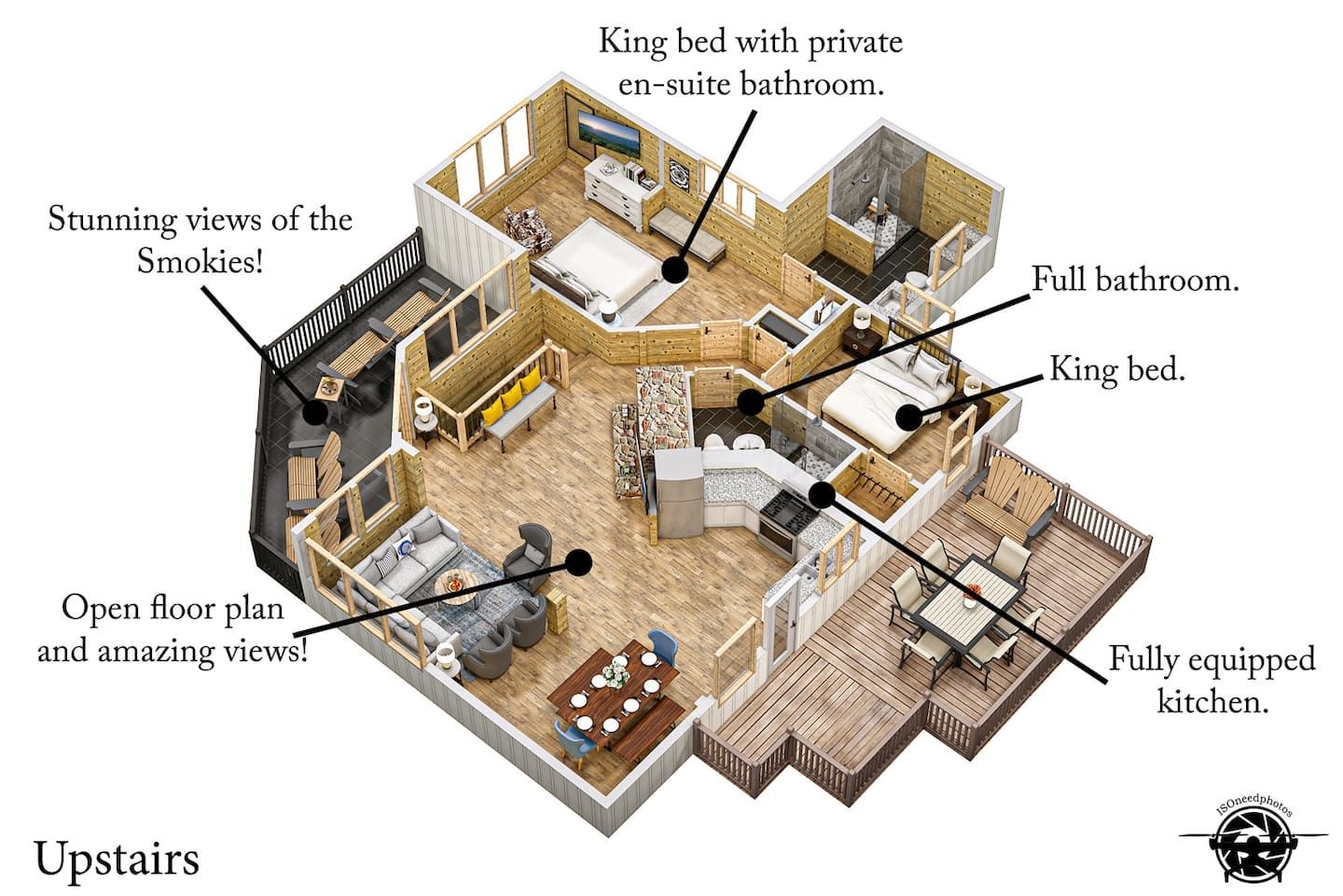 Ascend to the upper level of our thoughtfully crafted sanctuary. Here, the charming living spaces unfold seamlessly. Envision the bedrooms adorned with unique touches and the inviting common areas where loved ones can gather at the end of the day.