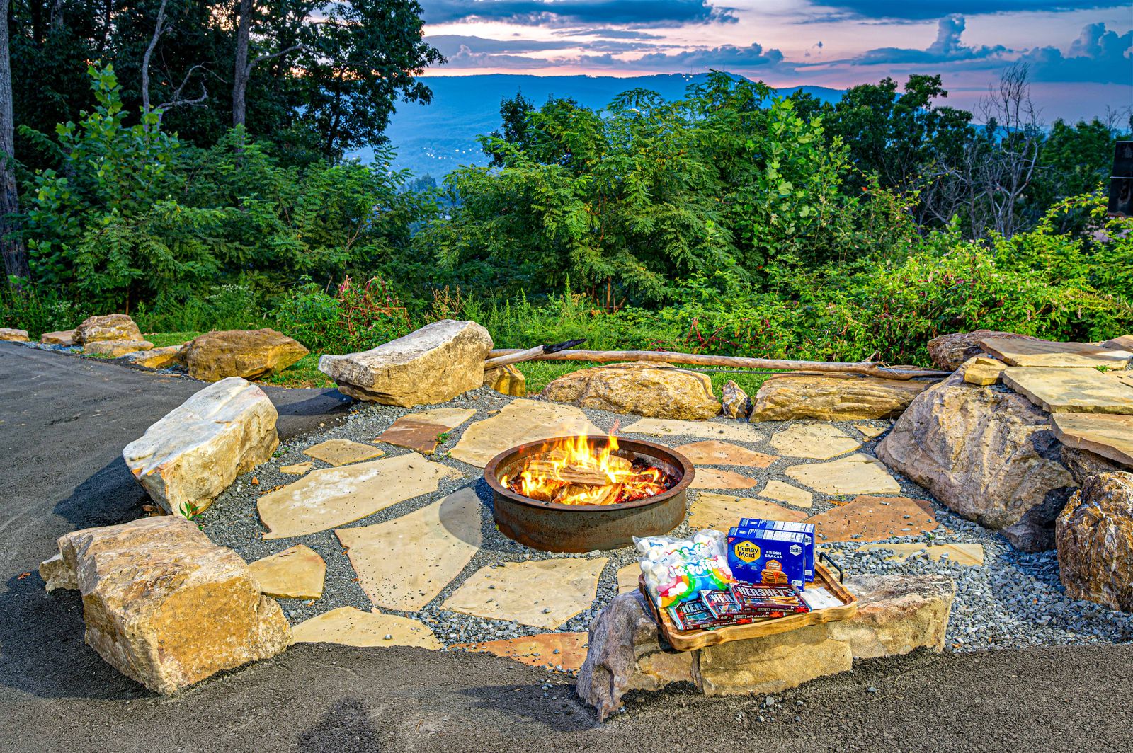 The stone fire pit patio