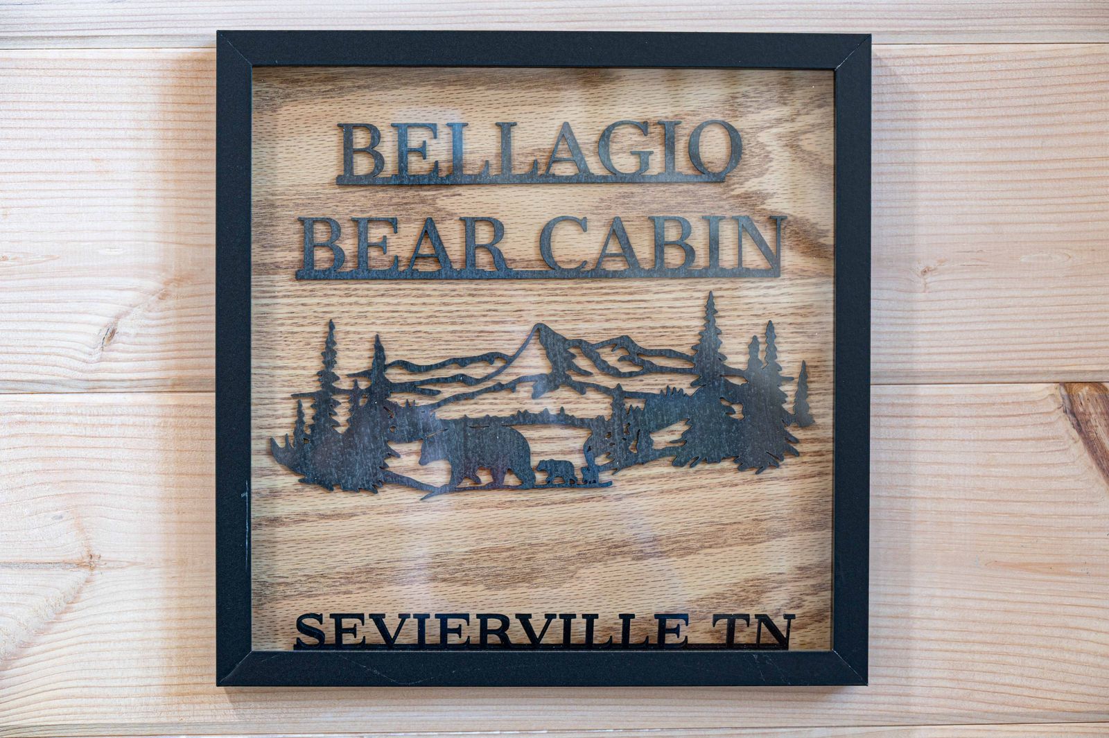 Carved Bellagio Bear Cabin sign