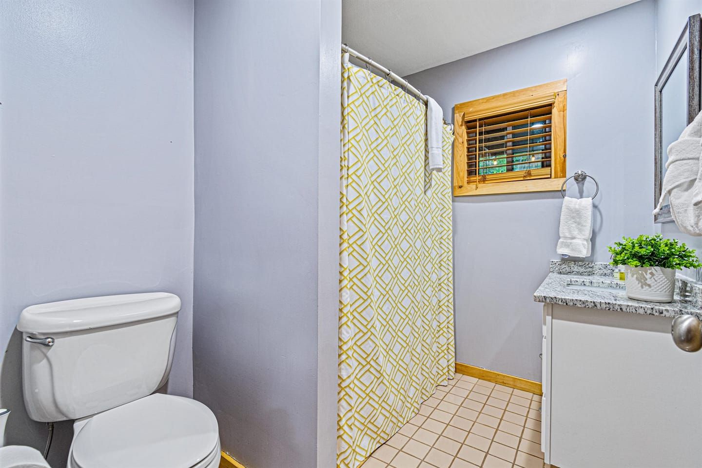 Located in the hallway by the king-sized bedroom, this downstairs bathroom has easy access to the family/game room. With a practical shower-tub combo, it offers comfort and convenience—perfect for a relaxing retreat or a quick refresh.