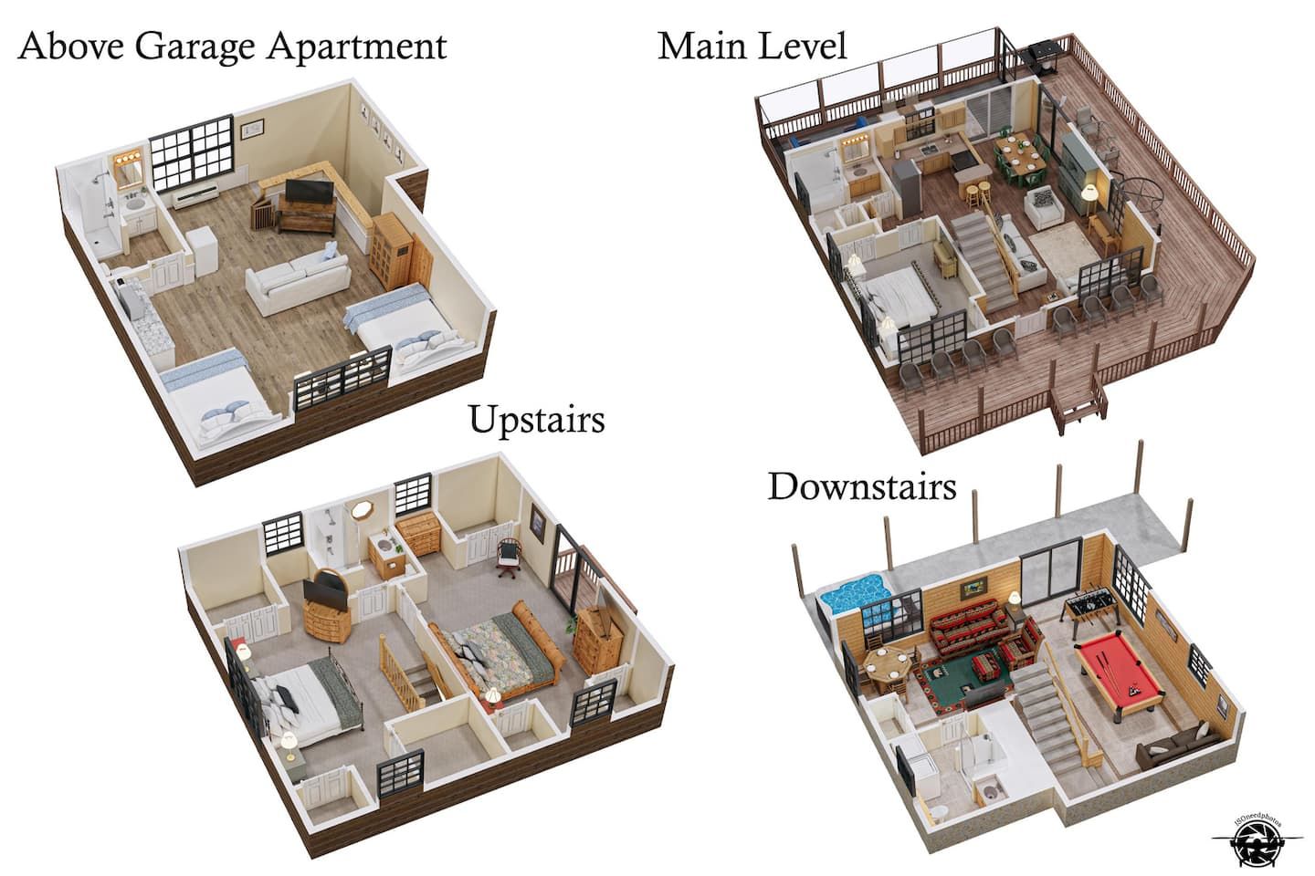 Floor plan: all of Kajun Kove at a glance, from the above-garage apartment down to the game room level.