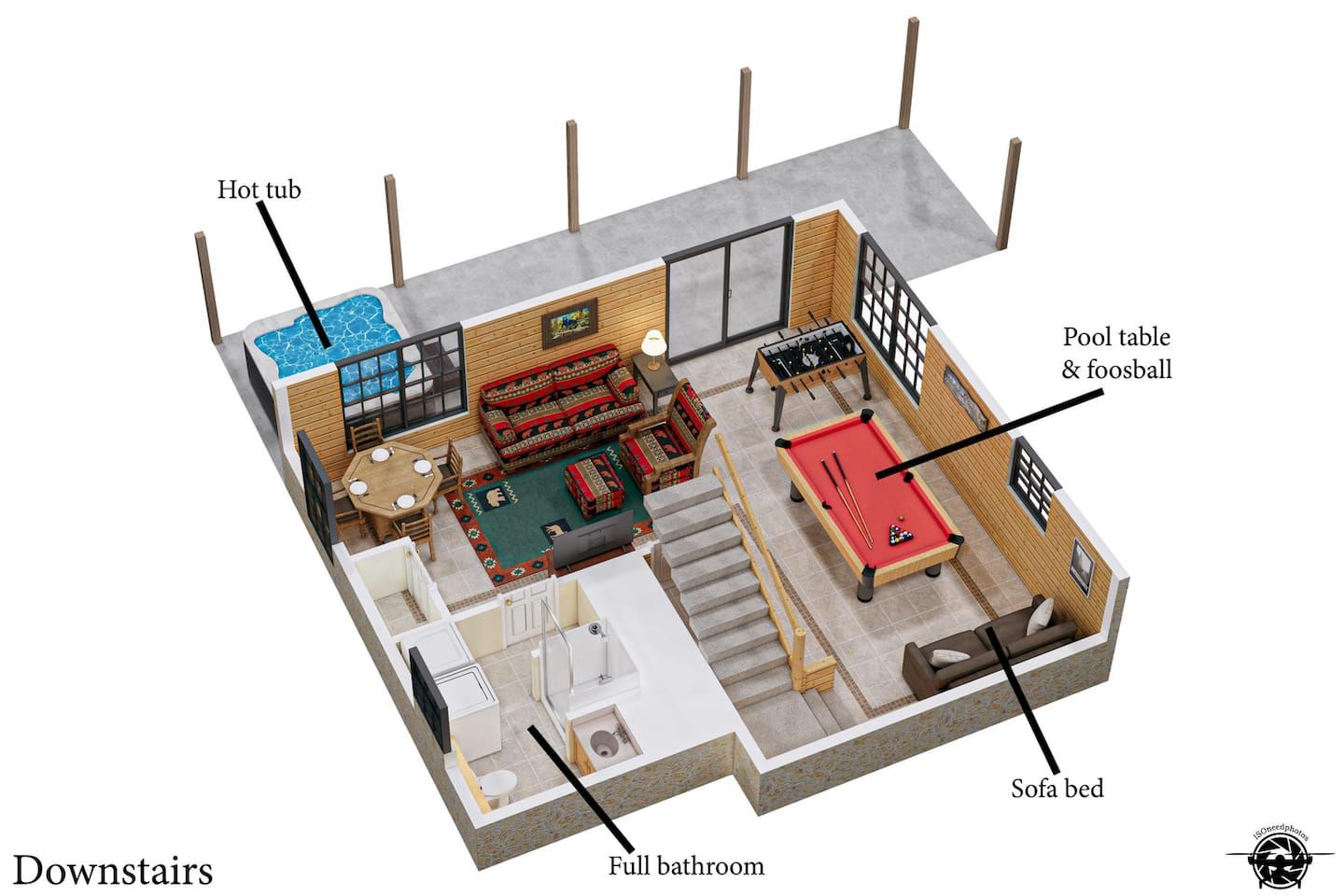 Floor plan: downstairs, with the pool table, poker table, foosball, sofa bed, full bathroom, and the hot tub just outside on the lower porch.