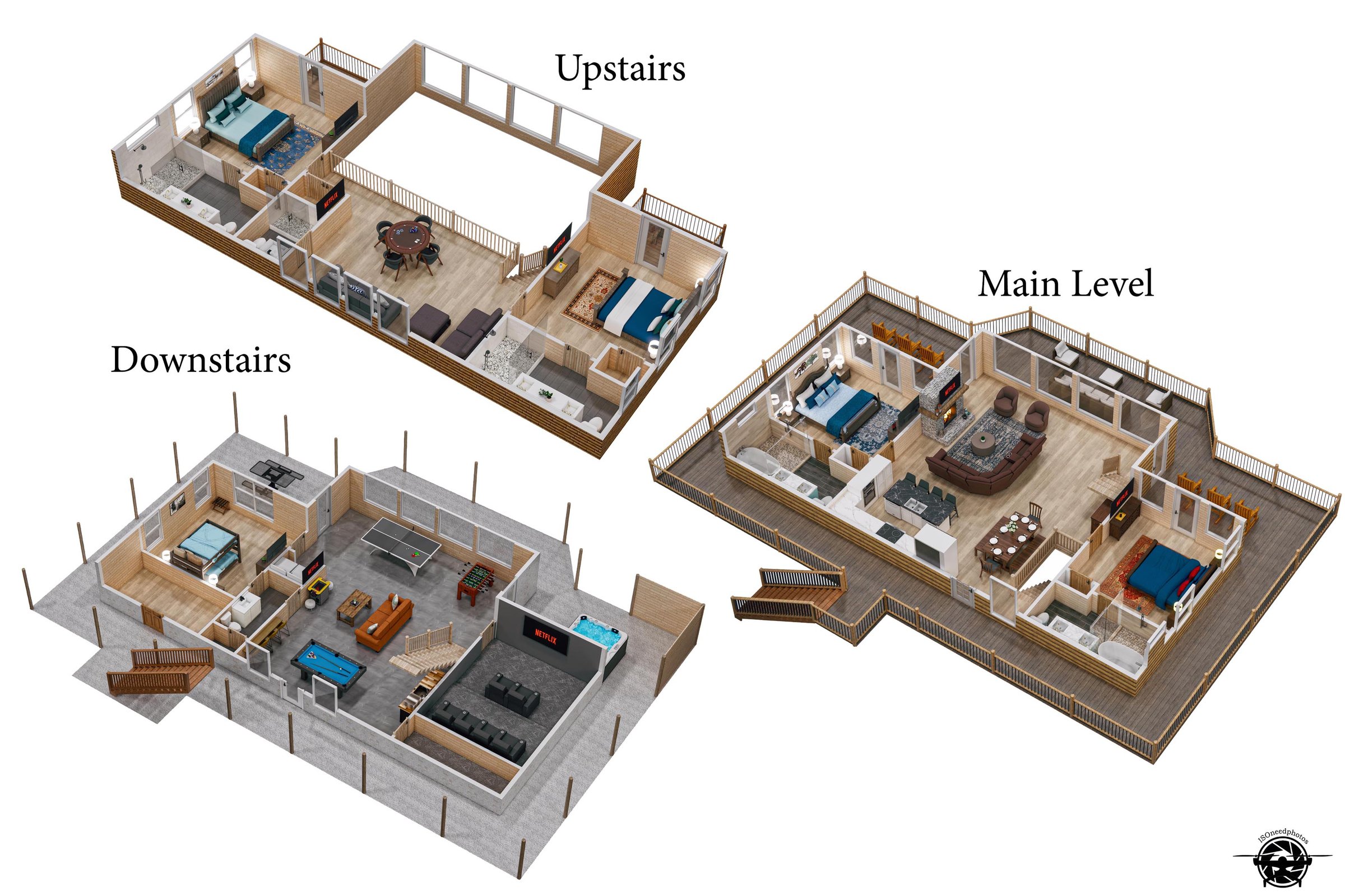 3D floor plan of all three levels