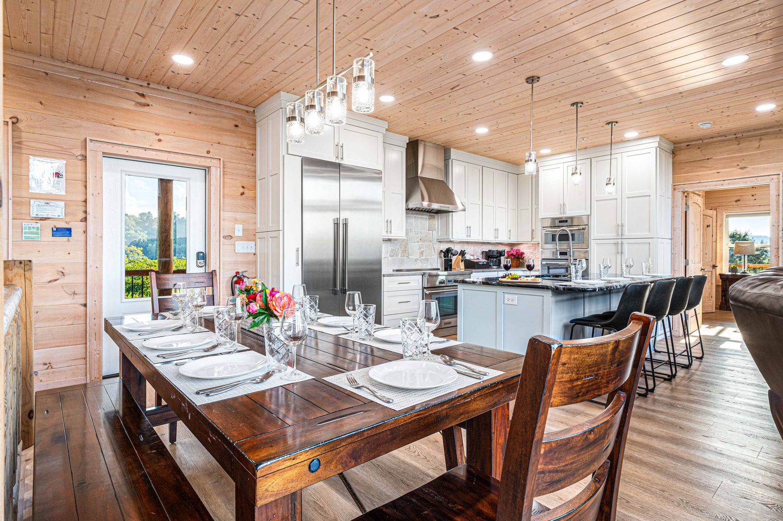 Farmhouse dining table and the open kitchen