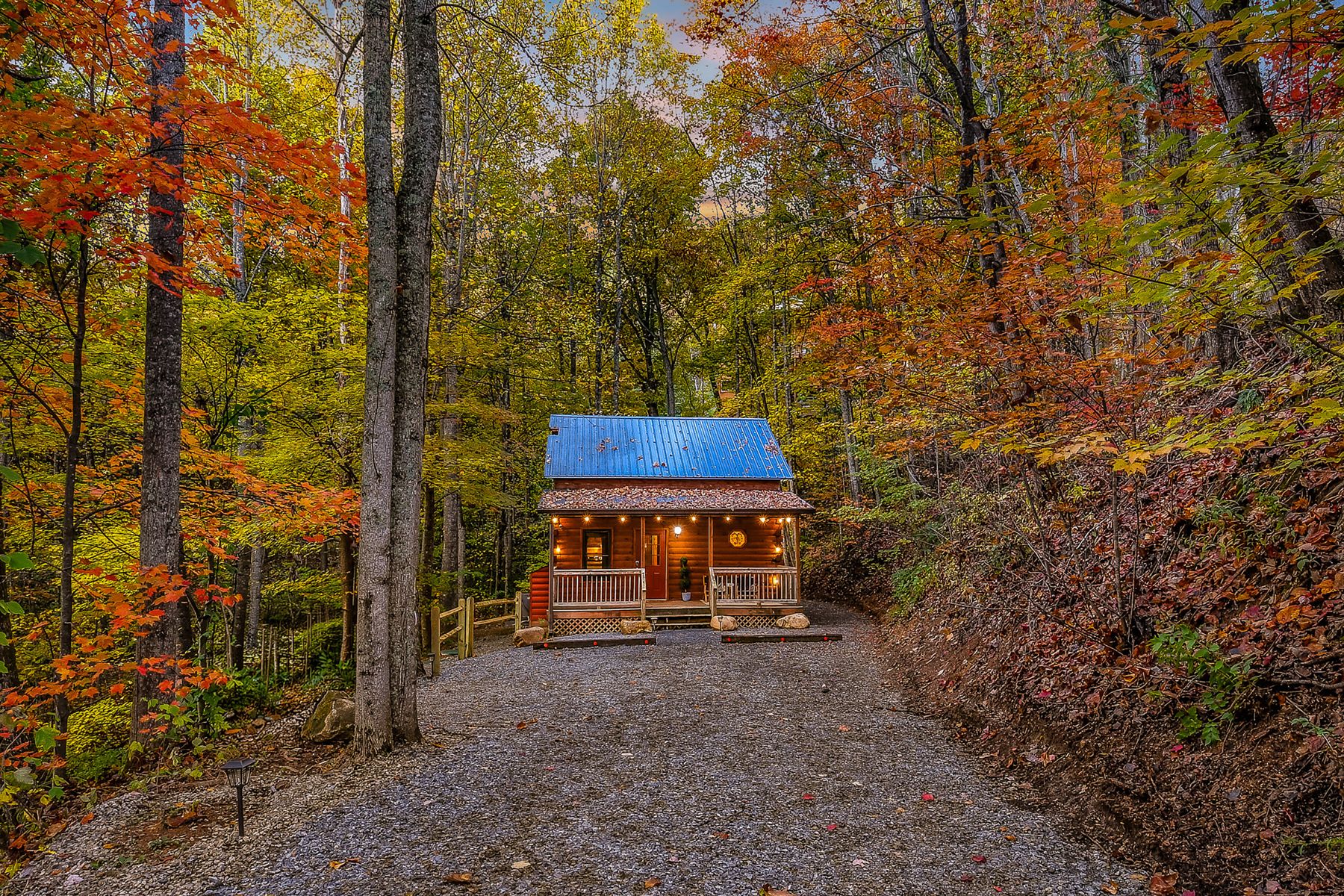 Bluebird's Perch, a log cabin with a blue roof in the fall woods