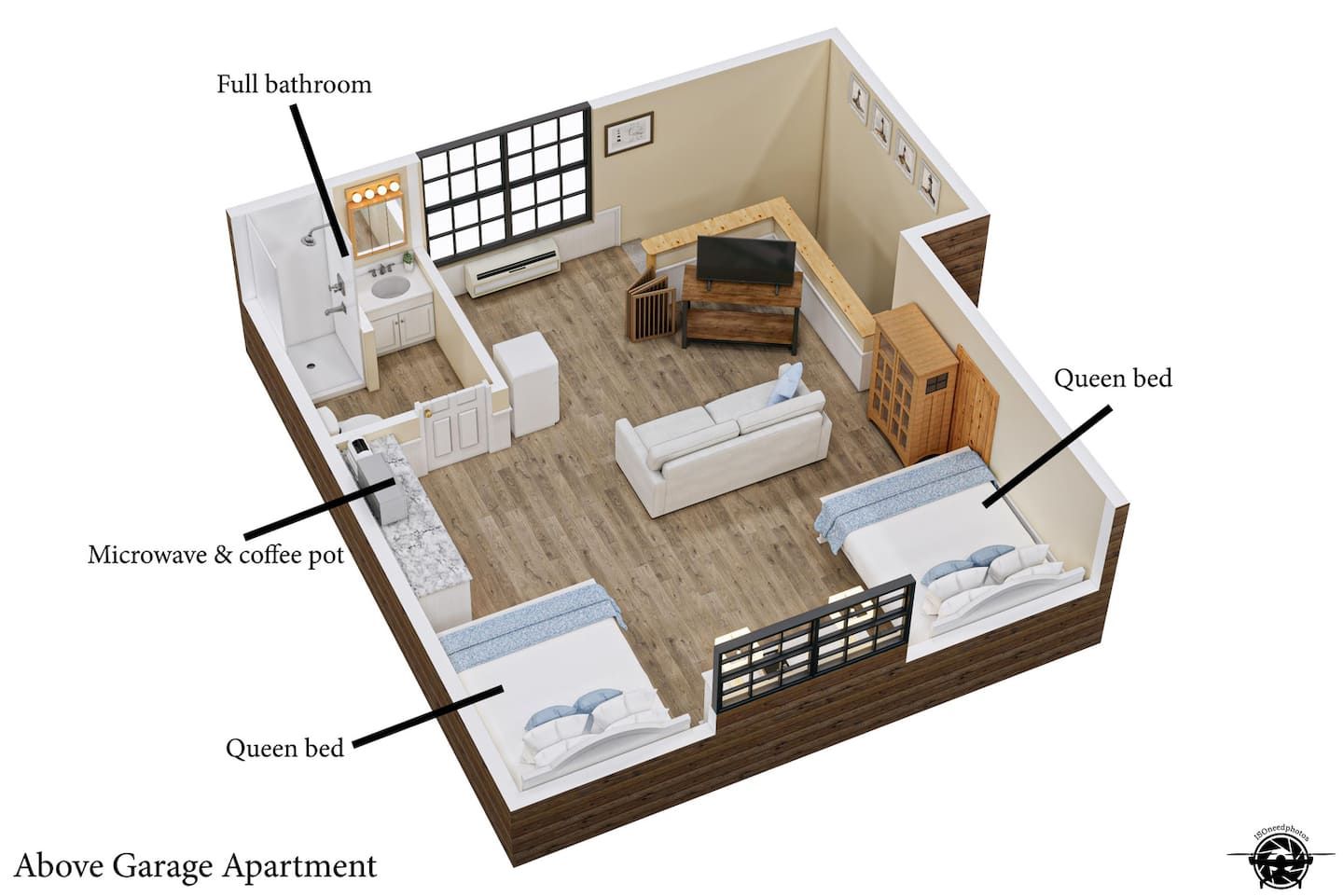 Floor plan: the apartment above the garage, with two queen beds, a full bathroom, and a microwave and coffee pot.