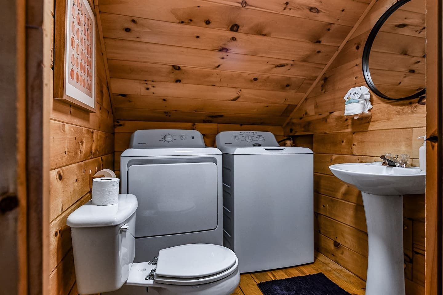 The upstairs half bath includes a washer and dryer, adding convenience for longer stays. It’s easy to pack light and keep clothes fresh while you’re here.
