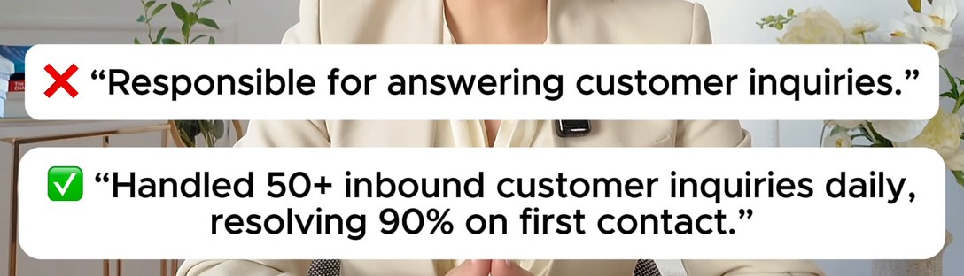 Resume workshop lesson. Responsible for answering customer inquiries, rewritten as Handled 50+ inbound customer inquiries daily, resolving 90% on first contact.