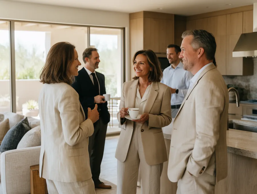 Real estate agents chatting at an open house in a bright Scottsdale home