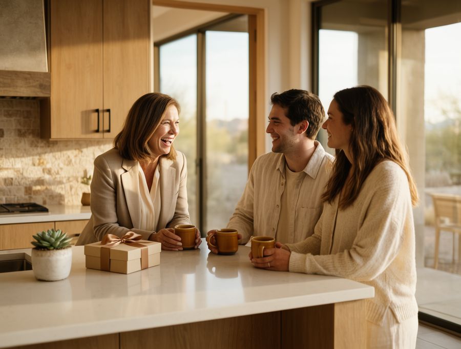 Real estate agent having coffee with past clients in their kitchen