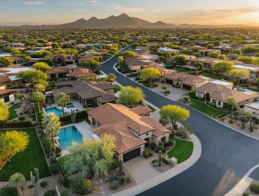 Aerial view of a Scottsdale neighborhood at golden hour