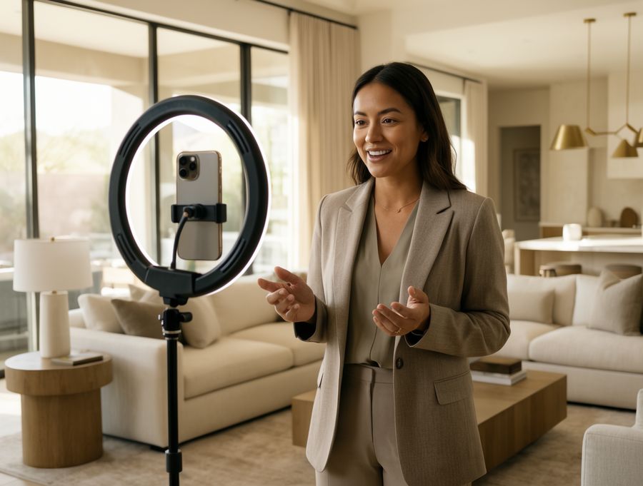 Real estate agent recording a short video on a phone with a ring light