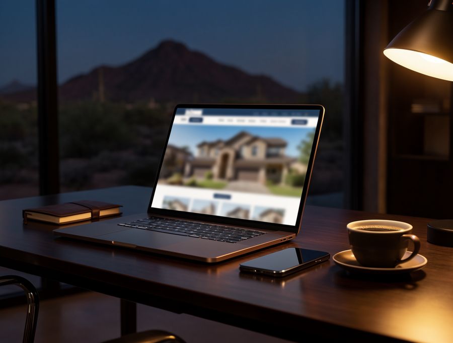 Laptop showing a real estate website on a desk at dusk