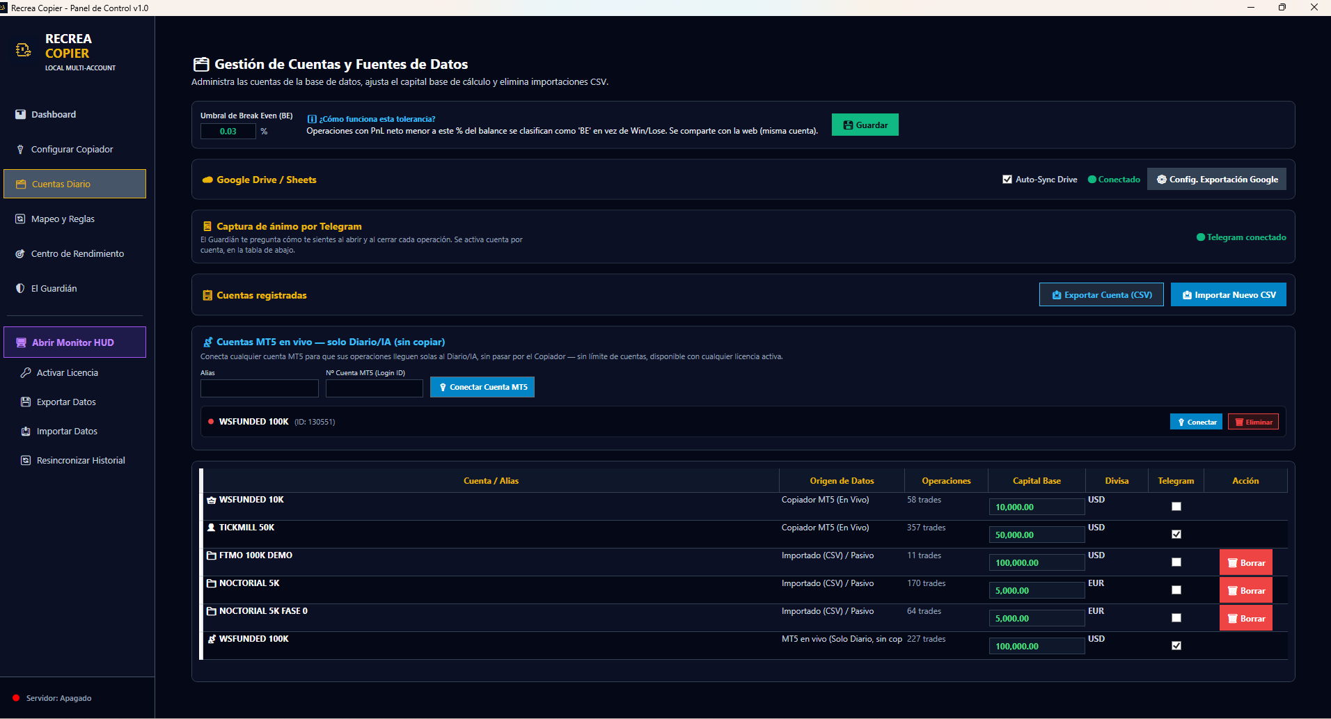 Gestión de Cuentas y Fuentes de Datos en RecreaCopierPro: conexión MT5 en vivo, importación CSV y Google Sheets para el Diario