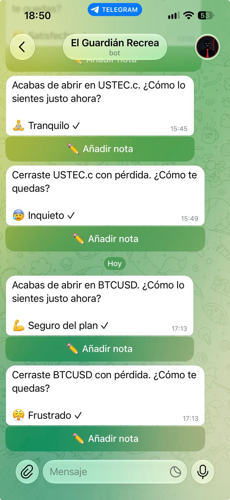 Conversación real con el bot de Telegram El Guardián Recrea preguntando cómo te sientes al abrir y cerrar una operación