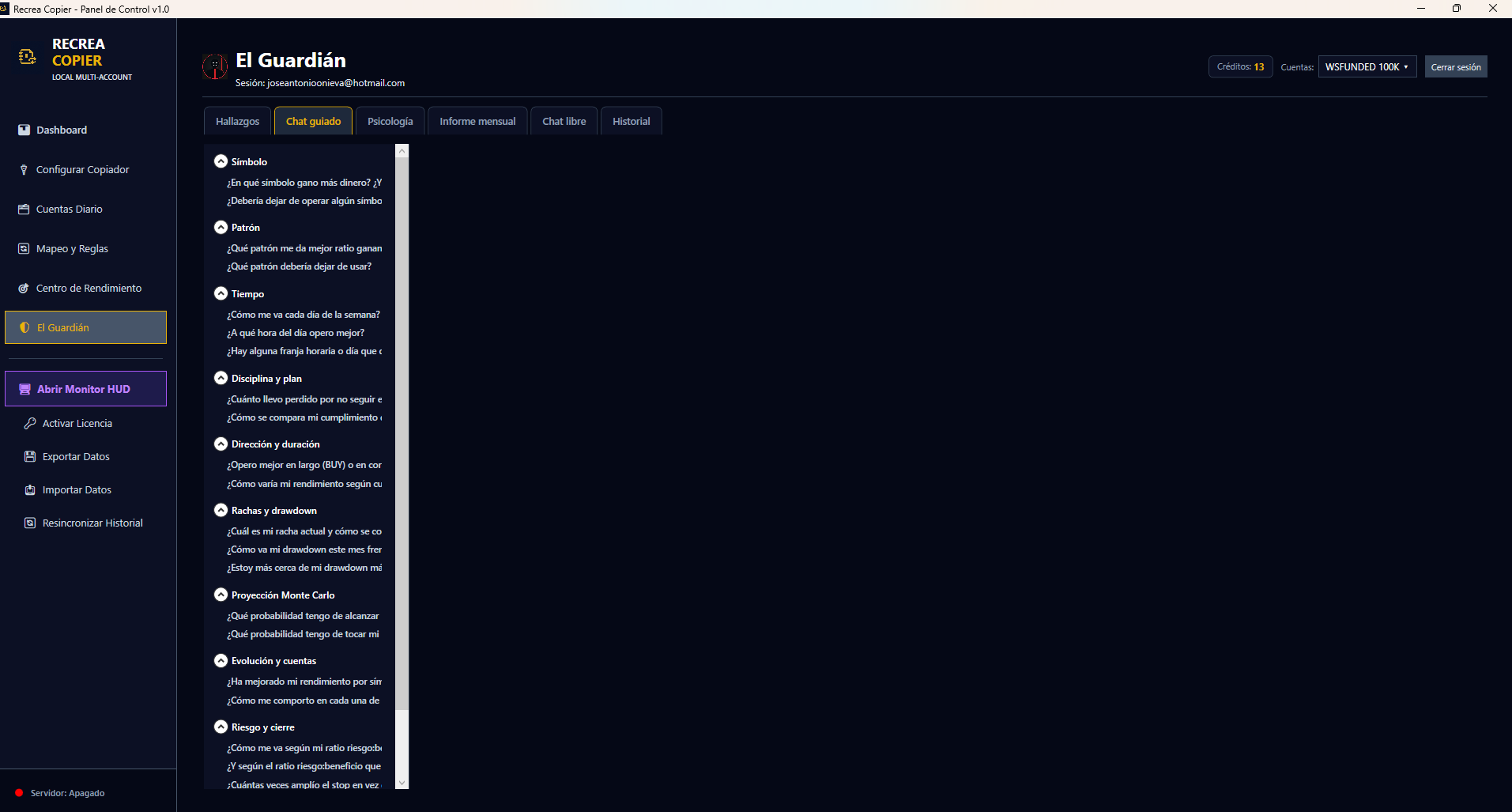 Chat guiado de El Guardián con el catálogo de preguntas agrupadas por tema (símbolo, patrón, tiempo, disciplina, rachas, proyección Monte Carlo)
