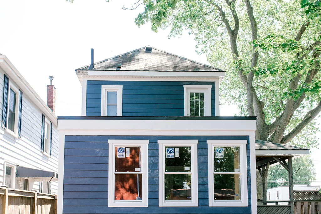 Navy lap siding with white trim, Hamilton
