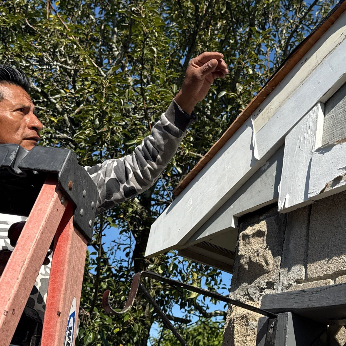 Contractor inspecting roof/fascia on ladder