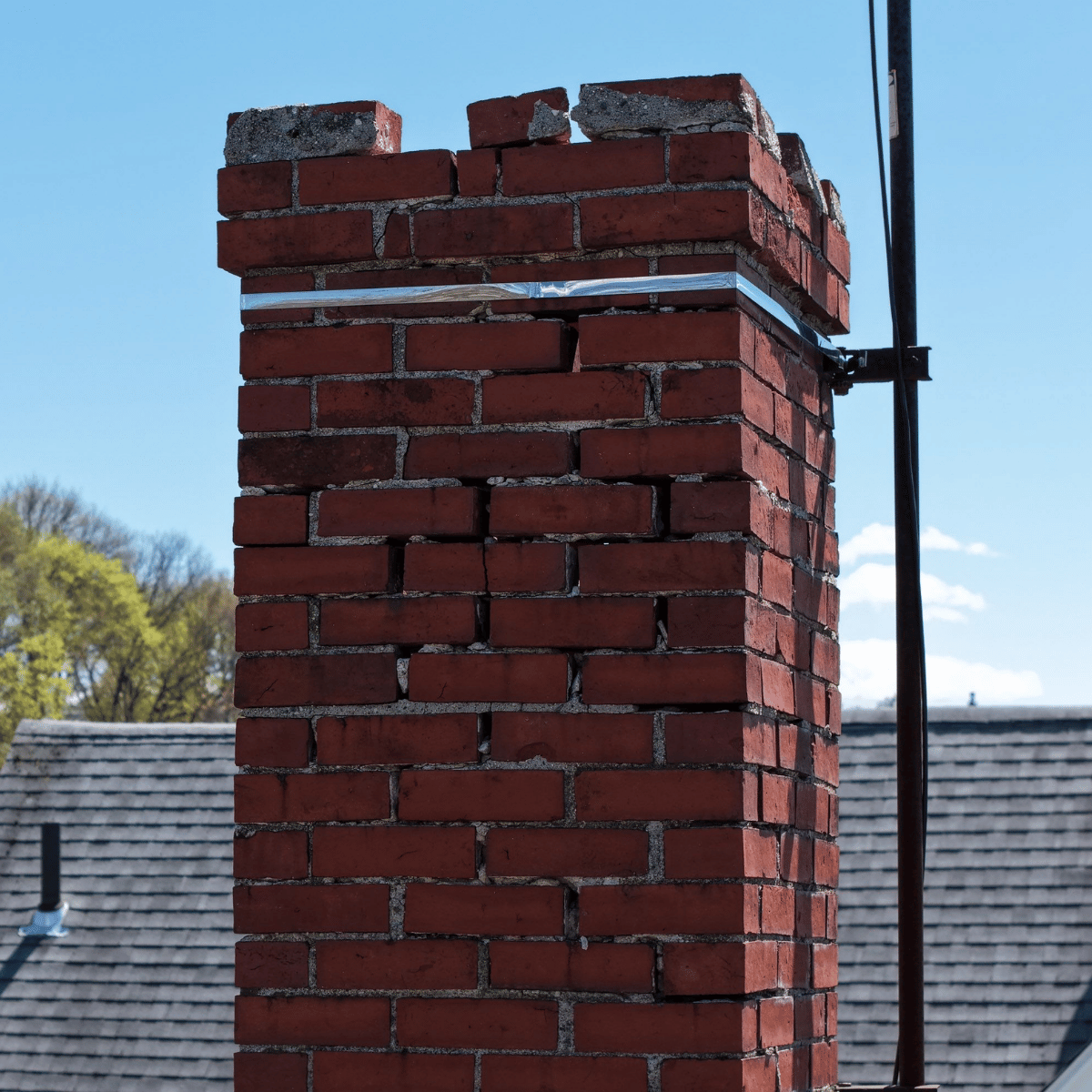 Masonry chimney deterioration with gaps in mortar joints in Massachusetts