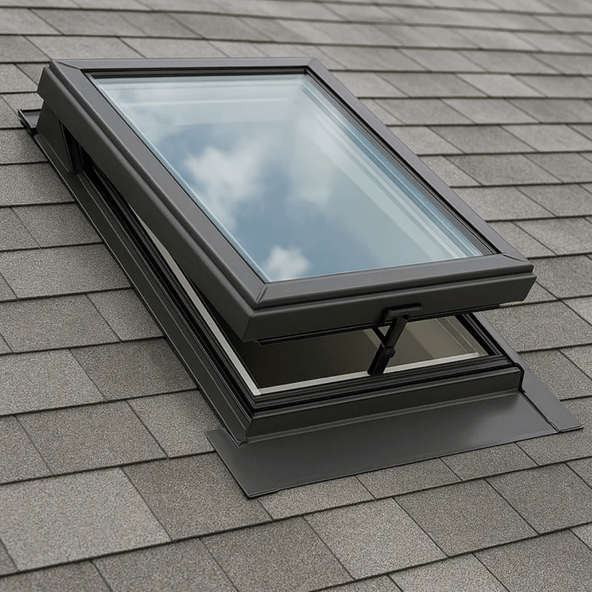 Operable skylight installed on asphalt roof for improved air circulation
