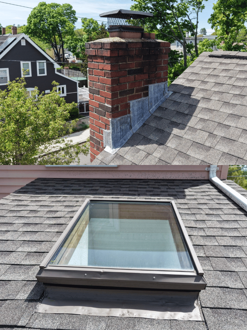 Roof replacement work in progress on historic brick home in Malden MA