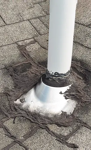 Failed pipe boot found during a residential roof inspection