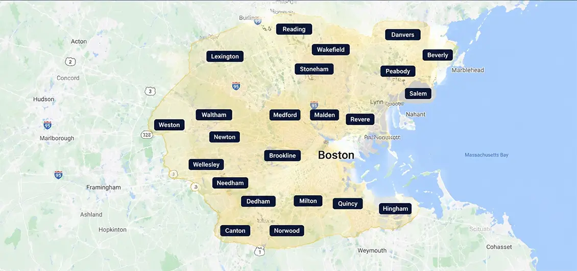 Peak Quality Roofing roof inspection service area map for Greater Boston