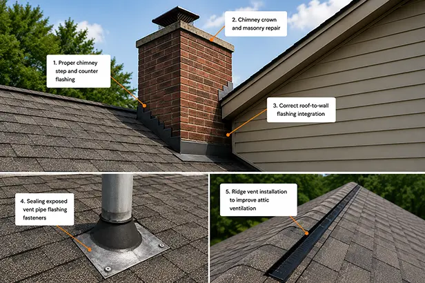 Roof inspection findings showing chimney flashing, pipe boot, roof-to-wall, and ventilation issues