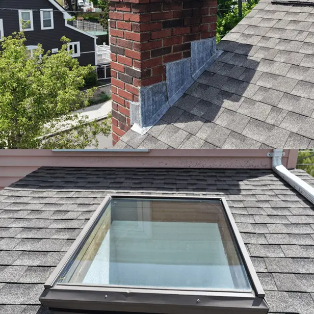 Roof replacement work in progress on historic brick home in Malden MA
