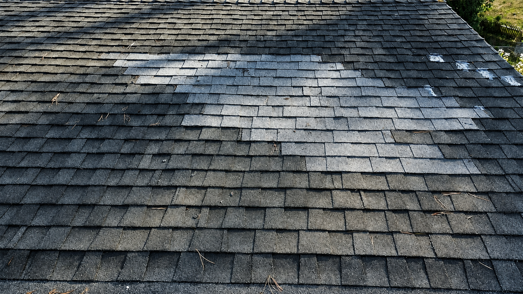 Older asphalt shingle roof showing wear that may require repair or replacement