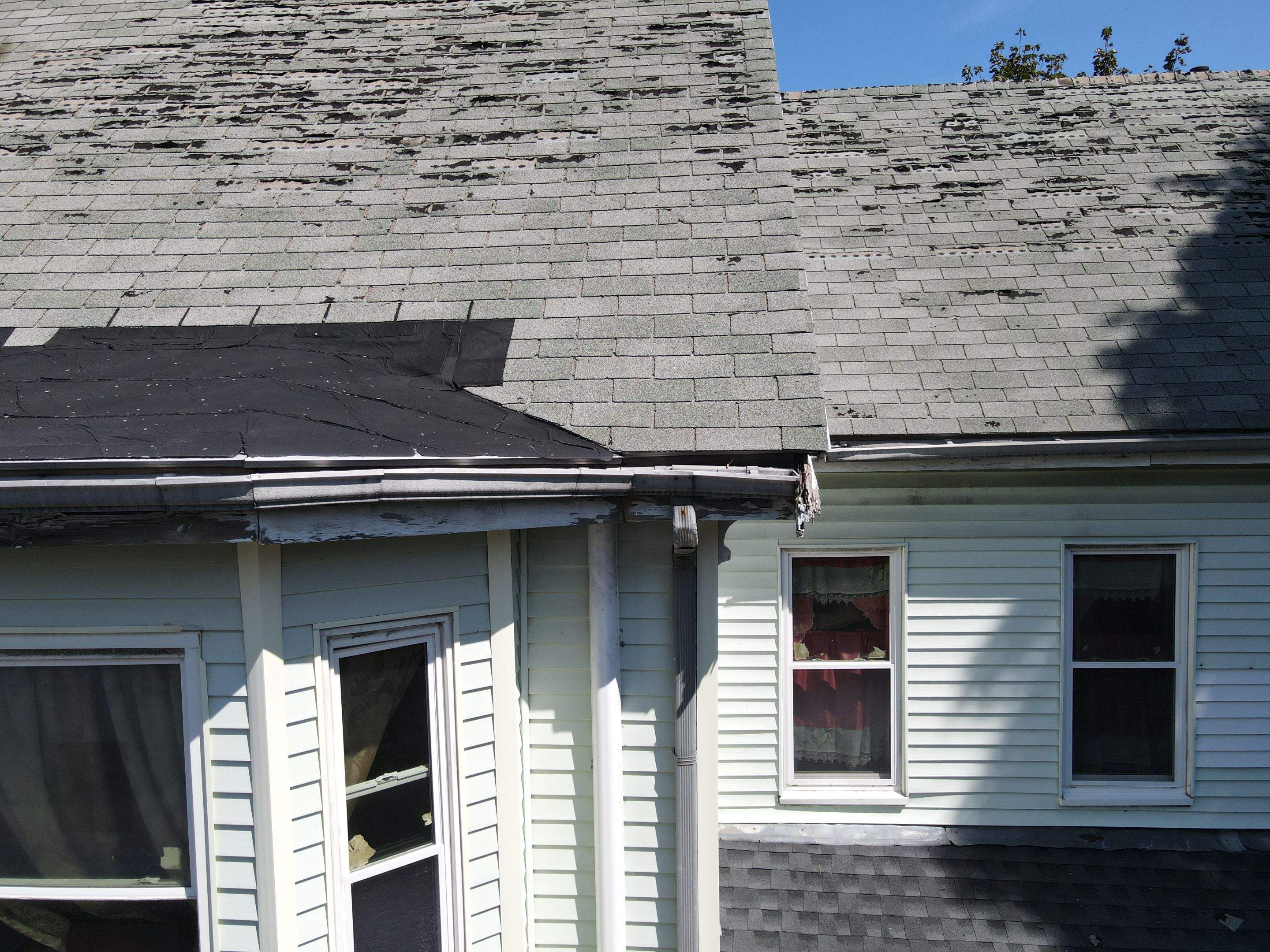Damaged asphalt shingles showing roof wear and possible leak risk