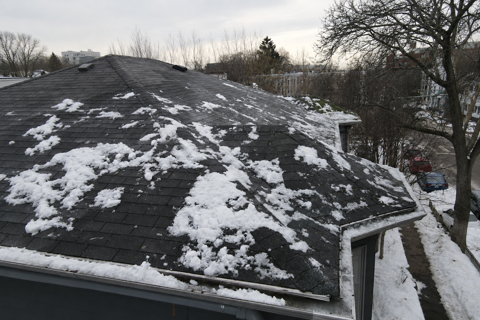 Snow-covered asphalt shingle roof on a Massachusetts home during winter