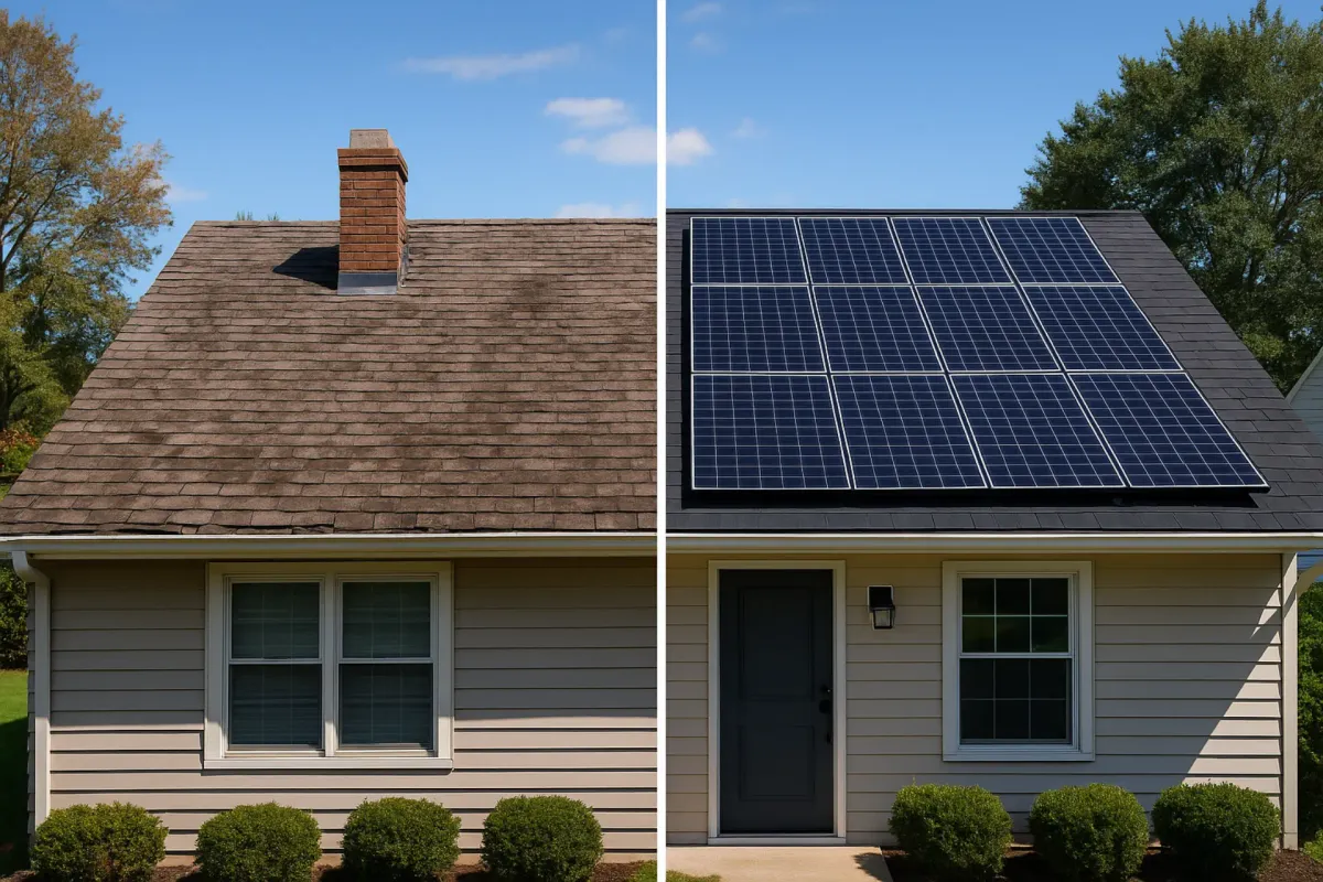 Before and after comparison of a residential roof with a new solar panel installation in Massachusetts.