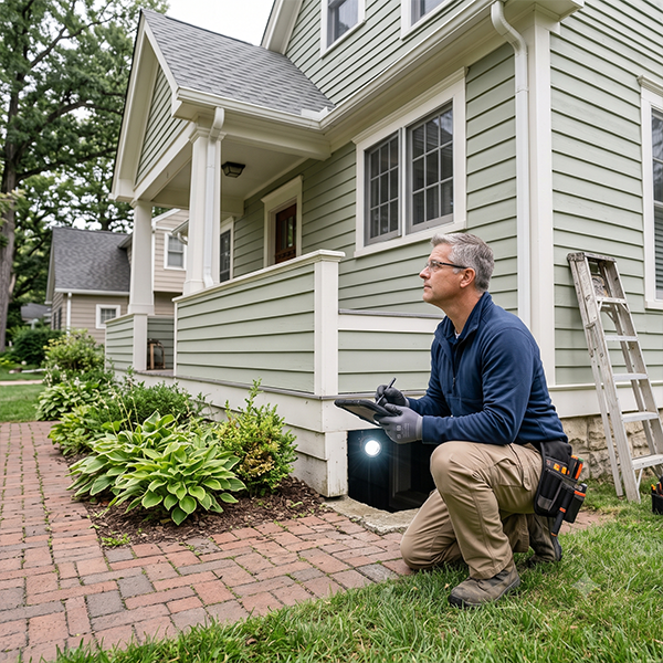 Peak Quality Roofing inspector examining a residential roof and siding in Stoneham MA