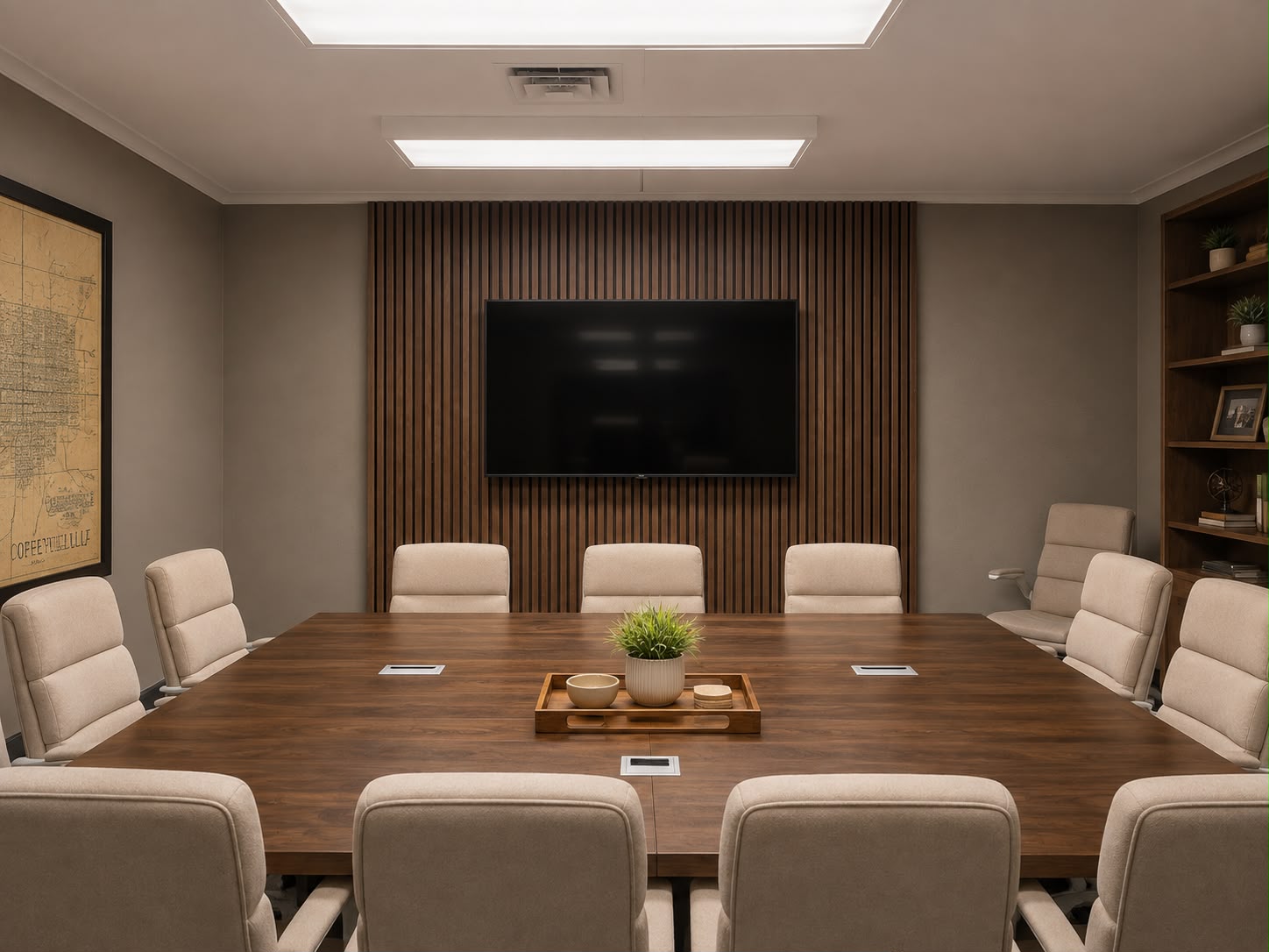 The conference room at One Eleven Works, seating twelve around a table with a wall screen