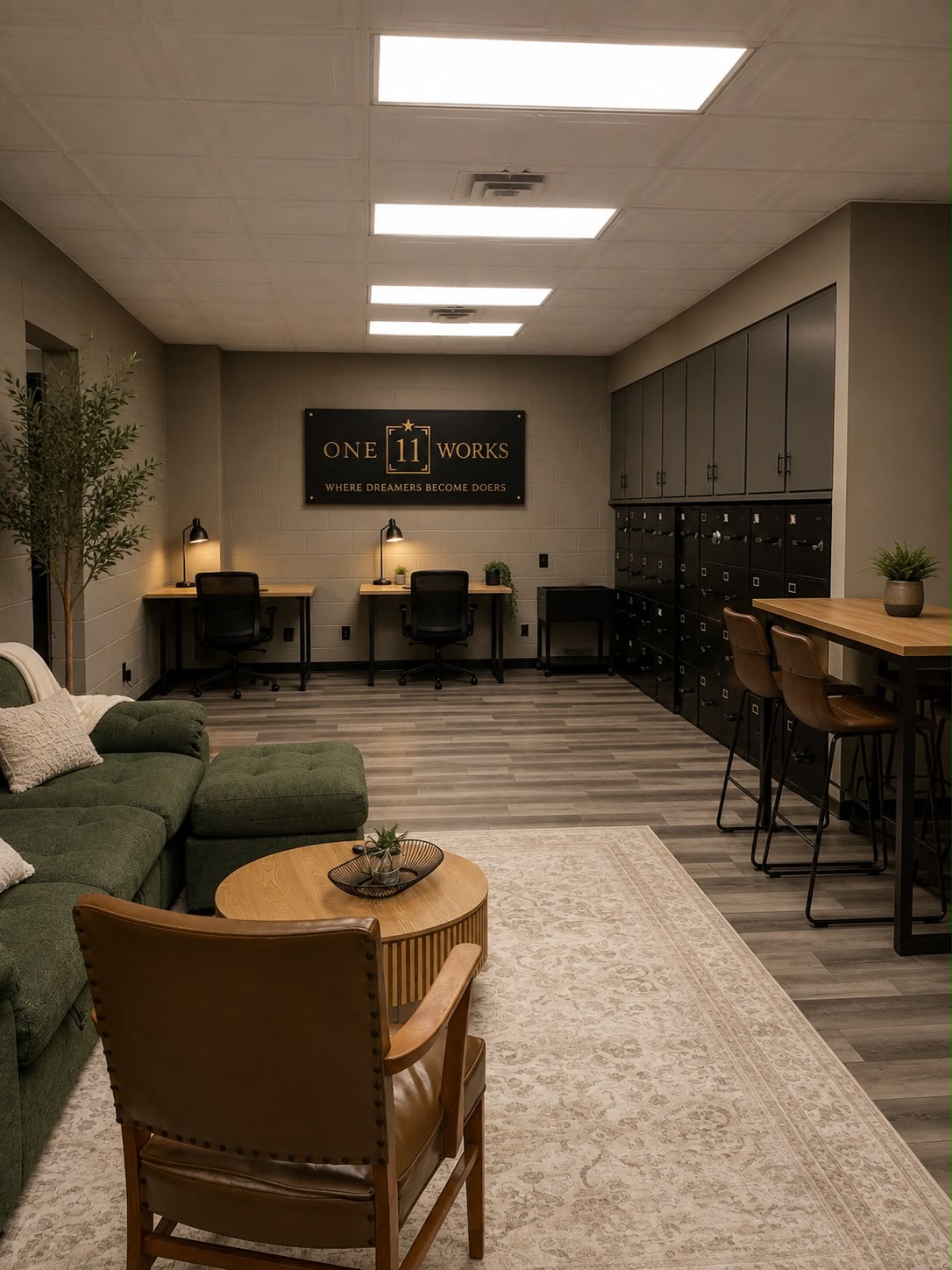 The lounge and mailboxes at One Eleven Works