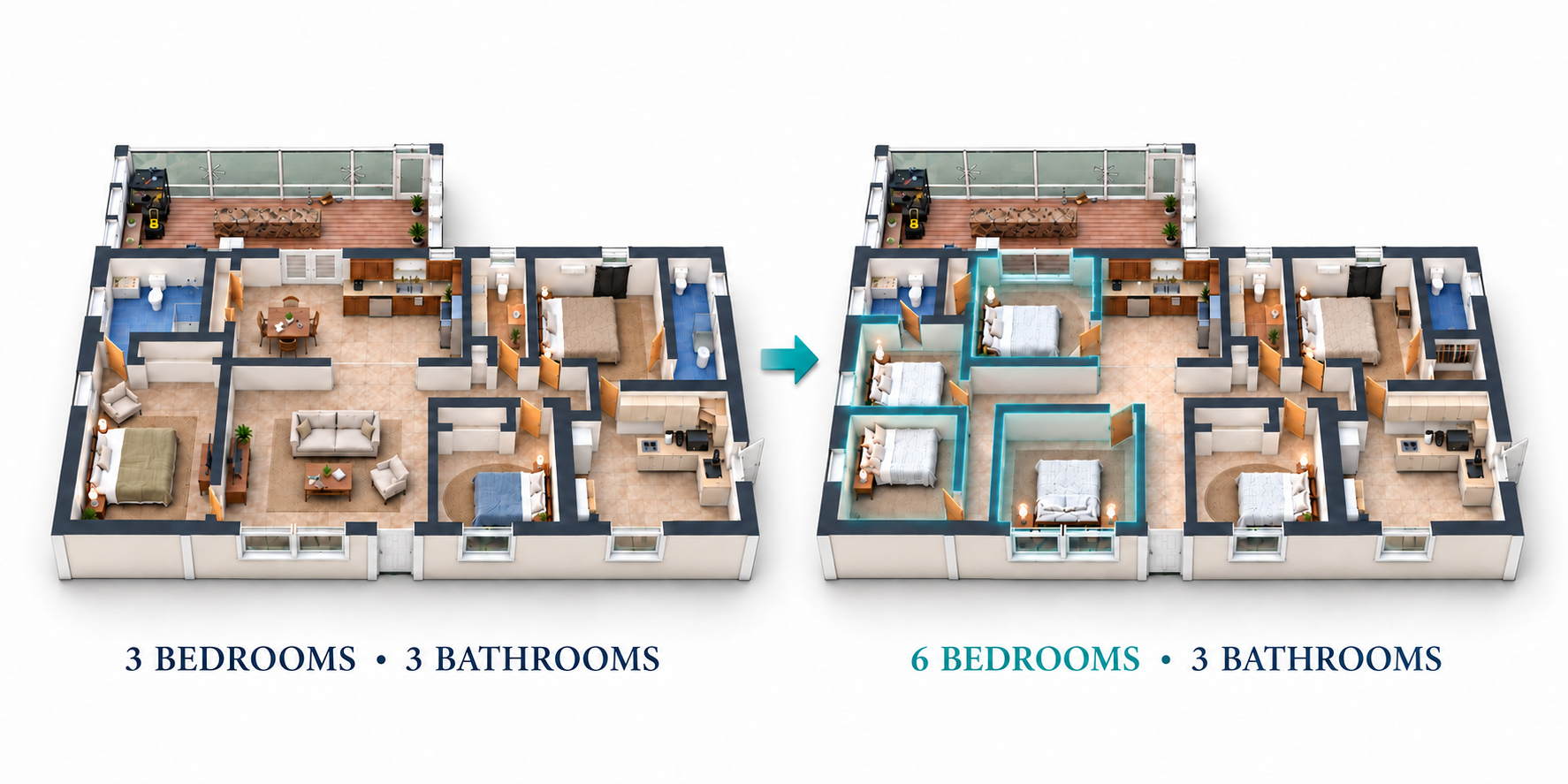 Robson Street illustrative floor plans showing a three-bedroom layout and a proposed six-bedroom layout