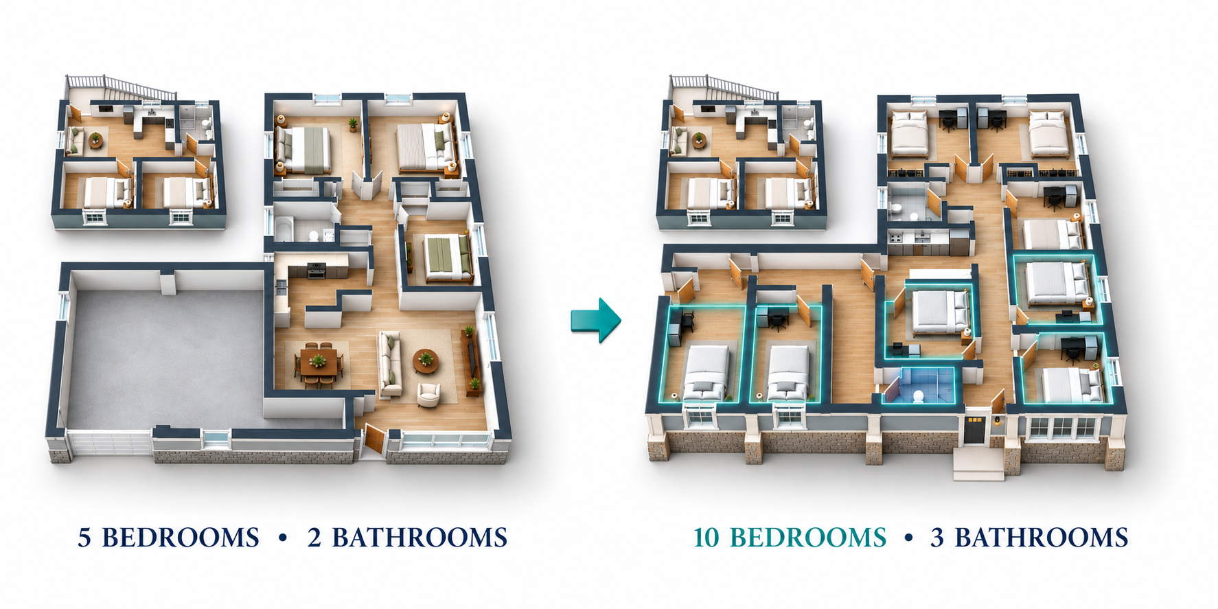 Emerson floor plans: five bedrooms and two bathrooms before; ten bedrooms and three bathrooms proposed