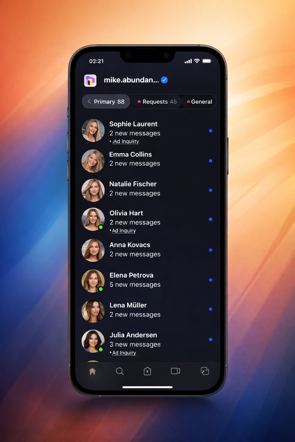 Phone inbox style visual showing high volume Instagram message flow.