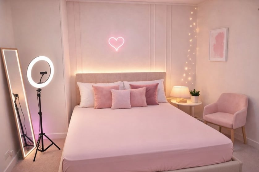 Gem Models studio room with soft pink tones, mirror, and a polished transmission setup.